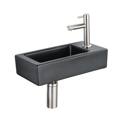QeramiQ Lave-mains Kit lave-mains - 37.5x18.5x9cm - céramique - trou de robinet à droite - robinet lave-mains en inox brossé - bonde de vidage -