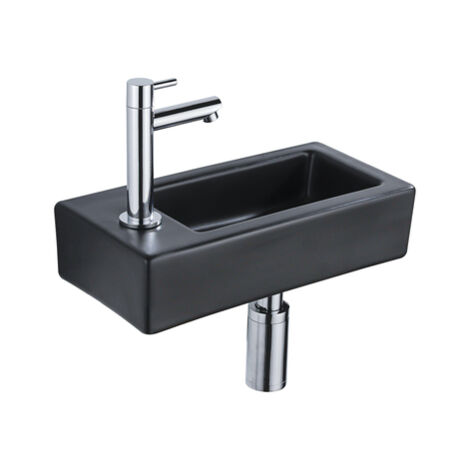 QeramiQ Lave-mains Kit lave-mains - 37.5x18.5x9cm - céramique - trou de robinet gauche - robinet lave-mains chrome - bonde de vidage - siphon abaissé