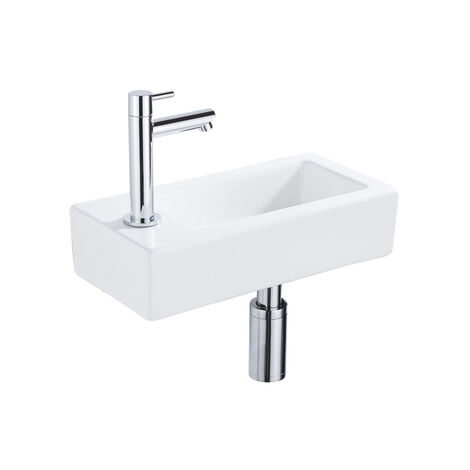 QeramiQ Lave-mains Kit lave-mains - 37.5x18.5x9cm - céramique - trou de robinet gauche - robinet lave-mains chrome - bonde de vidage - siphon abaissé