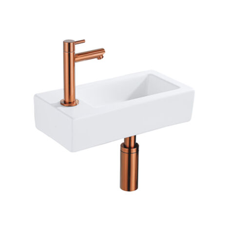 QeramiQ Lave-mains Kit lave-mains - 37.5x18.5x9cm - céramique - trou de robinet gauche - robinet lave-mains en cuivre brossé - bonde de vidage -