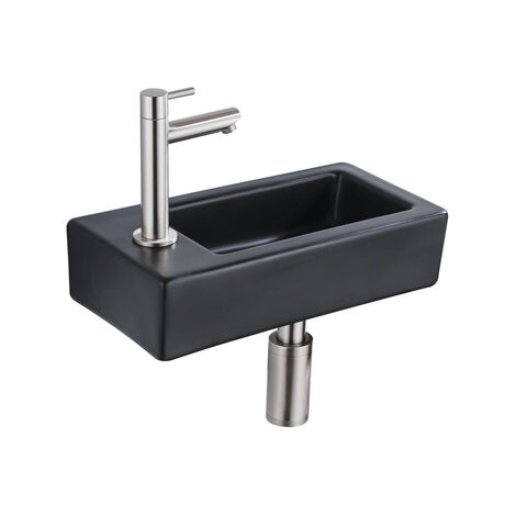 QeramiQ Lave-mains Kit lave-mains - 37.5x18.5x9cm - céramique - trou de robinet gauche - robinet lave-mains en inox brossé - bonde de vidage - siphon