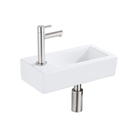 QeramiQ Lave-mains Kit lave-mains - 37.5x18.5x9cm - céramique - trou de robinet gauche - robinet lave-mains en inox brossé - bonde de vidage - siphon