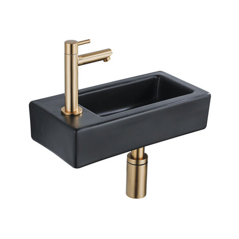 QeramiQ Lave-mains Kit lave-mains - 37.5x18.5x9cm - céramique - trou de robinet gauche - robinet lave-mains en laiton brossé - bonde de vidage -