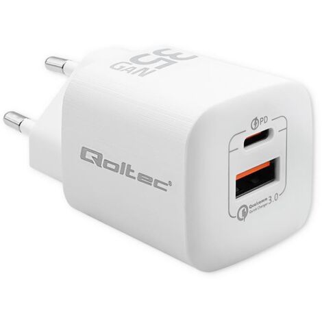 Qoltec 35W GaN ULTRA Wandladegerät  5–20 V  2,25–3 A  1 x USB Typ-C PD  1 x USB  Weiß