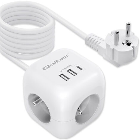 Qoltec alimentatore di prolunga 6 in 1 con interruttore illuminato  3x AC  2x USB  1x USB-C PD 20W  Bianco  Cavo da 2 m
