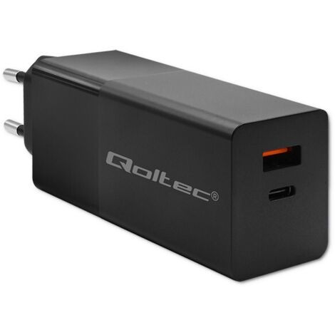 Qoltec GaN POWER PRO Ladegerät  1xUSB-C  1xUSB  100W  5-20V  1,5-5A  PD  Laptop  Smartphone  Schwarz