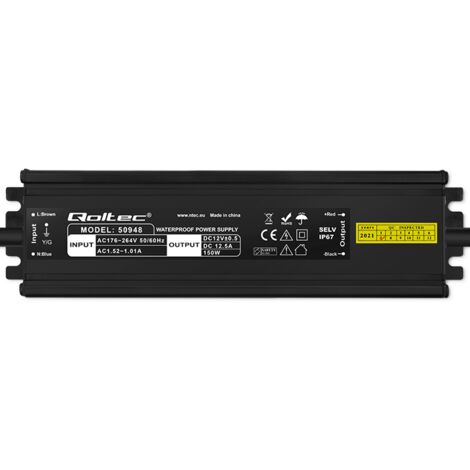 Qoltec LED-Schaltnetzteil IP67  150W  12V  12,5A  Wasserdicht  Schwarz