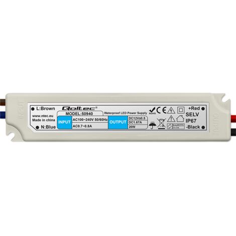 Qoltec LED-Schaltnetzteil IP67  20W  12V  1,6A  Wasserdicht  Weiß