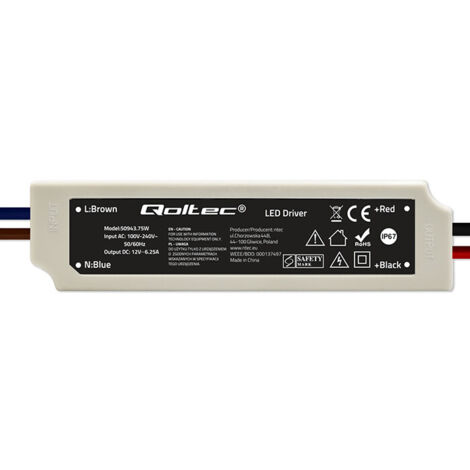 Qoltec LED-Schaltnetzteil IP67  75W  12V  6,25A  Wasserdicht  Weiß