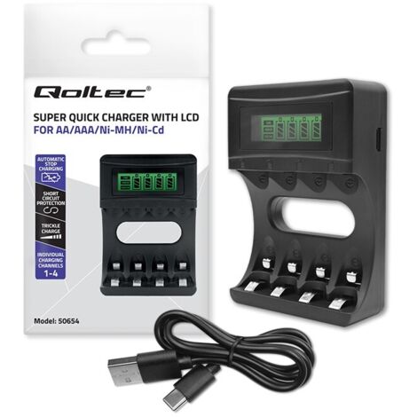 Qoltec Ni-MH Akkuladegerät Typ R03 AAA R6 AA  LCD  USB-Kabel