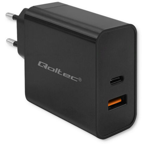 Qoltec Super Quick PD Ladegerät  1xUSB-C  1xUSB  65W  5-20V  1,5-3,25A  Laptop  Smartphone  Schwarz