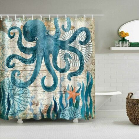 QORVA-Home Rideau de Douch,Lavables, Imperméable et Anti-moisissure Imprimé avec Motif élégant Rideaux de Salle de Bains avec 12 Anneaux Crochets 180 x 180cm (Colorful-Octopus)-