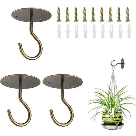 QORVA-Lot de 3 crochets de plafond pour suspendre des plantes, support mural en métal S avec vis et chevilles pour suspendre des paniers de plantes