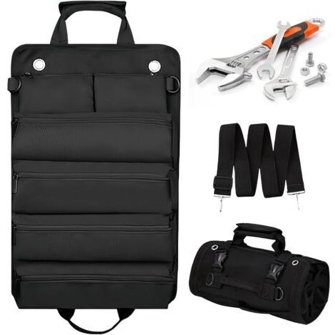QORVA-Sac à Outils Noir, Petite Boîte à Outils Enroulable, Organiseur à Outils Robuste, Avec 2 Pochettes à Outils Amovibles, Cadeau Approprié