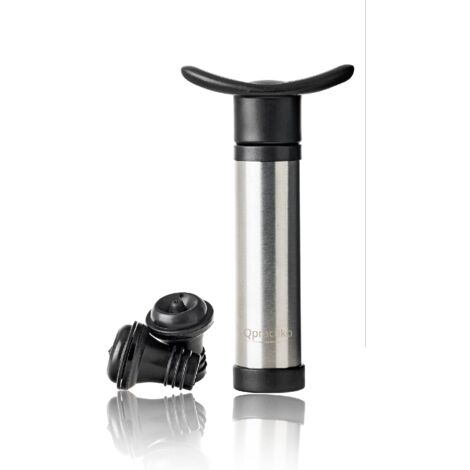 Qpractiko - Pompa per Vuoto Vino Acciaio  Conserva il Vino Fino a 7 Giorni  Include 2 Tappi Vino Silicone  Tappo Professionale per Vino Sottovuoto, Argento, Acciaio Inossidabile