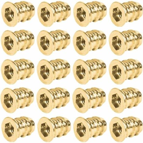 Qrity 20 Pièces Ecrous Hexagonaux Filetés, Inserts Filetés en Bois, M8x22mm Écrous Filetés, Insert à Visser, pour Meubles