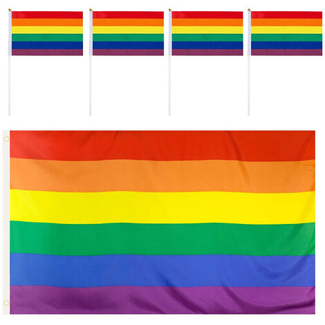 QSUM Drapeau arc-en-ciel Gay Pride 0,9 x 1,5 m avec lot de 10 drapeaux arc-en-ciel avec baton Drapeau de carnaval du festival LGBT pour décorations de parade de la fierté