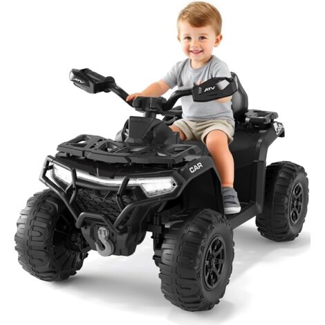 Quad Électrique Enfant 12V, Voiture Électrique 4 Roues Tout-Terrain avec 2 Moteurs, Télécommande Parentale, Suspension, Phares LED, Musique, Bluetooth, USB, Drapeau Lumineux, Dès 3 Ans, Blanc