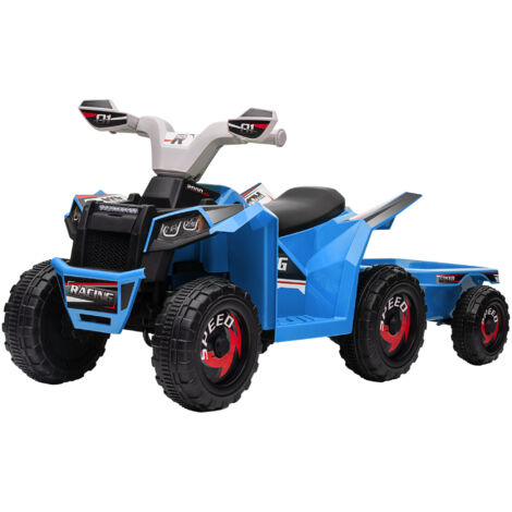 Quad électrique enfant avec remorque, quad 6V 18-36 mois, vitesse 2,5 km/h, 6 roues, bleu