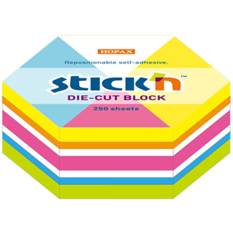 Quaderno esagonale, 61x70 mm, mix di 5 colori neon + bianco, 250 fogli. Codice articolo: Stickn 21827