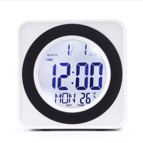 Quadratische elektronische Uhr mit Hintergrundbeleuchtung, Sprachsteuerung, Kalender und Temperaturanzeige – Weiß