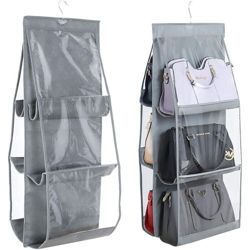 1 Rangement suspendu - Gris, Rangement de garde-robe, Système de rangement de placard, 6 sacs à poussière, Compartiments transparents, Non-tissé