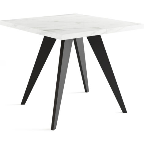 Quadratischer Ausziehbarer Esstisch Quadro 100-150 cm - Industrial Esszimmertisch mit Schwarzen Holzbeinen für 4-6 Personen - Loft-Stil Küchentisch - Marmor Weiß