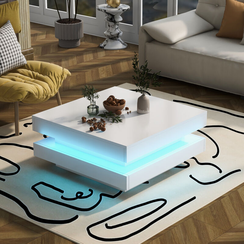 Stilvora Quadratischer Couchtisch Mit Bluetooth-led-leiste, Hochglanz, Aus Spanplatte, Weiß, 70×70×36 Cm