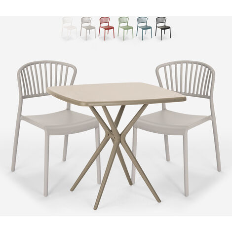 Quadratischer Tisch 70x70cm beige 2 Stühle für drinnen und draußen Design Magus