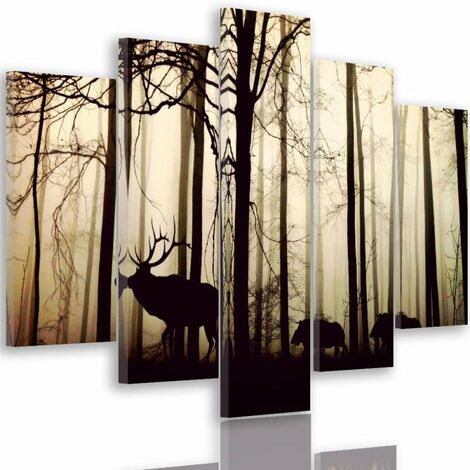 Quadri Quadro 5 pezzi Stampa su tela Cervi nella foresta Nebbia Marrone - 150x100