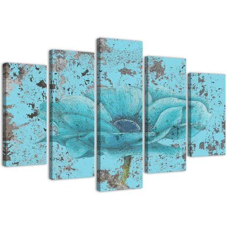 Quadri Quadro 5 pezzi Stampa su tela Fiore blu vintage - 200x100