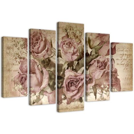 Quadri Quadro 5 pezzi Stampa su tela Fiori di rose rosa - 200x100