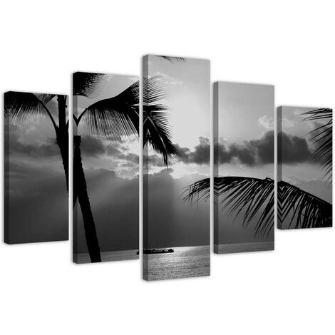 Quadri Quadro 5 pezzi Stampa su tela Palma di mare in bianco e nero - 200x100