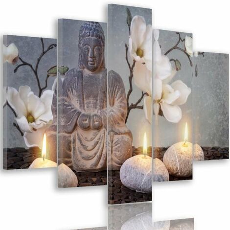 Quadri Quadro 5 pezzi Stampa su tela Pietra di fiori grigi di Buddha - 150x100