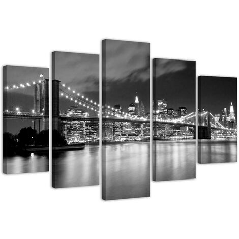 Quadri Quadro 5 pezzi Stampa su tela Ponte di New York in bianco e nero - 150x100