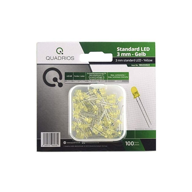 Quadros lot de 100 diodes lumineuses standard rouge/bleu/vert/jaune/blanc/mélanges 3 mm et 5 mm Quadrios gmbh