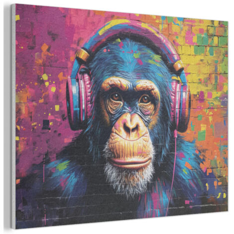 QUADRO ACUSTICO Graffiti - Scimpanzé - Street art - Cuffie - Scimmia 80x60 cm