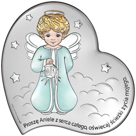 Quadro angelo cuore argento per Battesimo, Comunione, compleanno, colorato 6758-c 7 x 7 cm