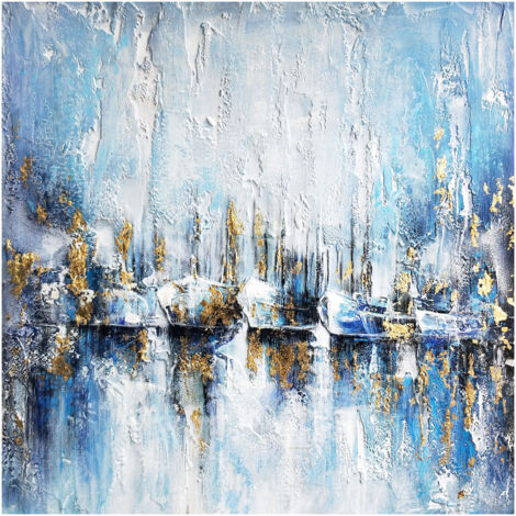Quadro Astratto Kuatéh 100x100 cm Barche con Sfondo Blu Olio su Tela