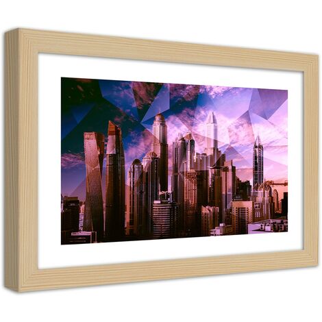 Quadro con cornice, Città  geometrica in viola - 100x70