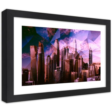 Quadro con cornice, Città  geometrica in viola - 30x20