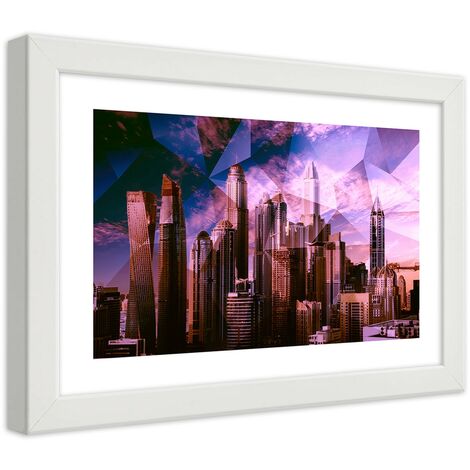 Quadro con cornice, Città  geometrica in viola - 60x40