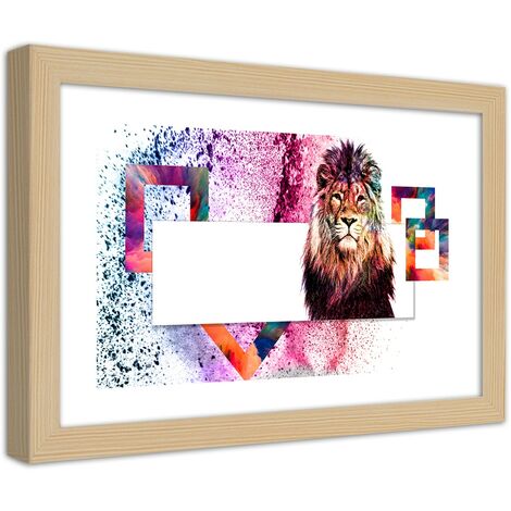 Quadro con cornice, Leone con criniera colorata - 100x70