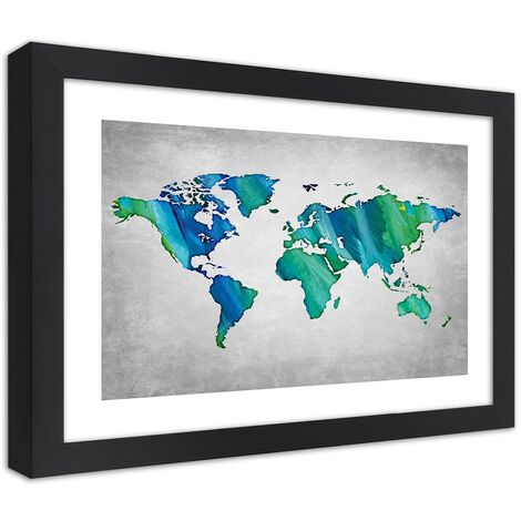 Quadro con cornice, Mappa del mondo colorata su cemento - 45x30