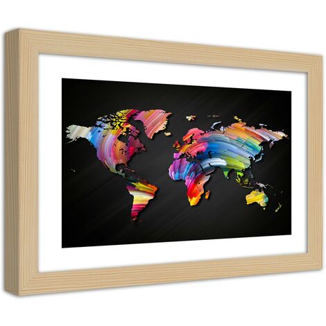 Quadro con cornice, Mappa del mondo in diversi colori - 30x20