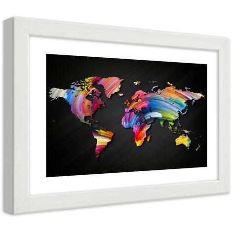 Quadro con cornice, Mappa del mondo colorata su cemento - 90x60