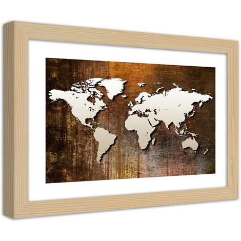 Quadro con cornice, Mappa del mondo su legno - 45x30