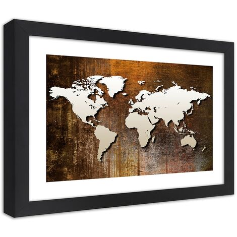 Quadro con cornice, Mappa del mondo su legno - 90x60