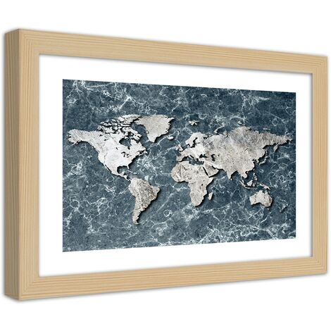 Quadro con cornice, Mappa del mondo su marmo - 60x40