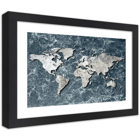 Quadro con cornice, Mappa del mondo su marmo - 90x60